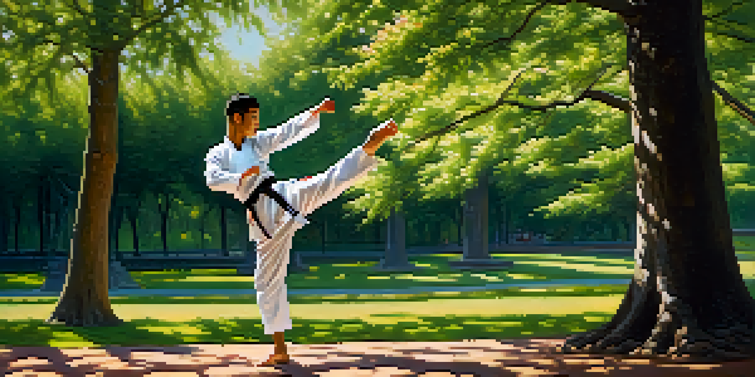 A martial artist performing a high-kick in a sunny park surrounded by greenery and flowers.