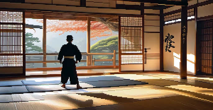 A martial arts practitioner practicing a kata in a serene dojo during sunrise, with soft light and traditional decor.