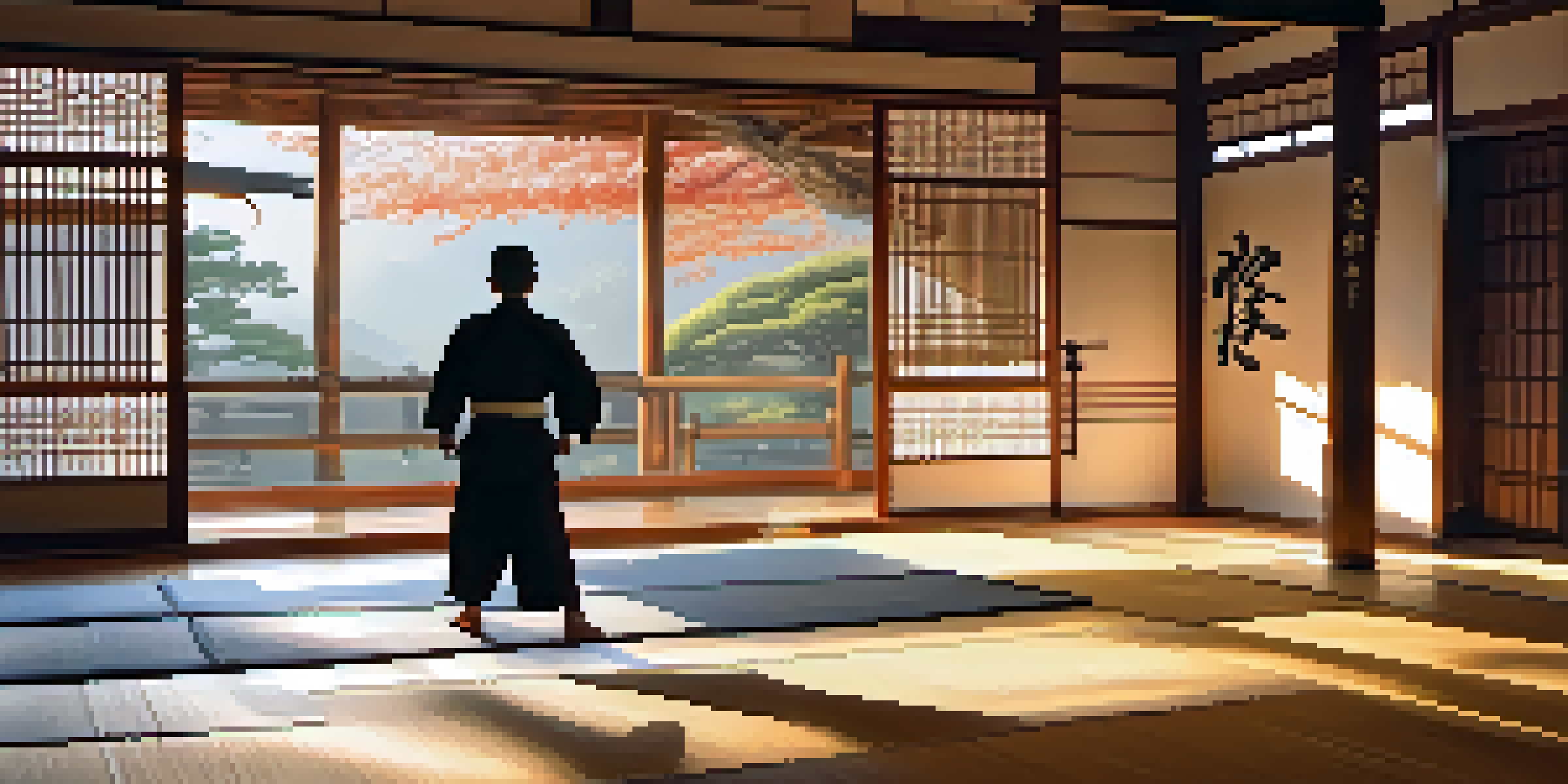 A martial arts practitioner practicing a kata in a serene dojo during sunrise, with soft light and traditional decor.