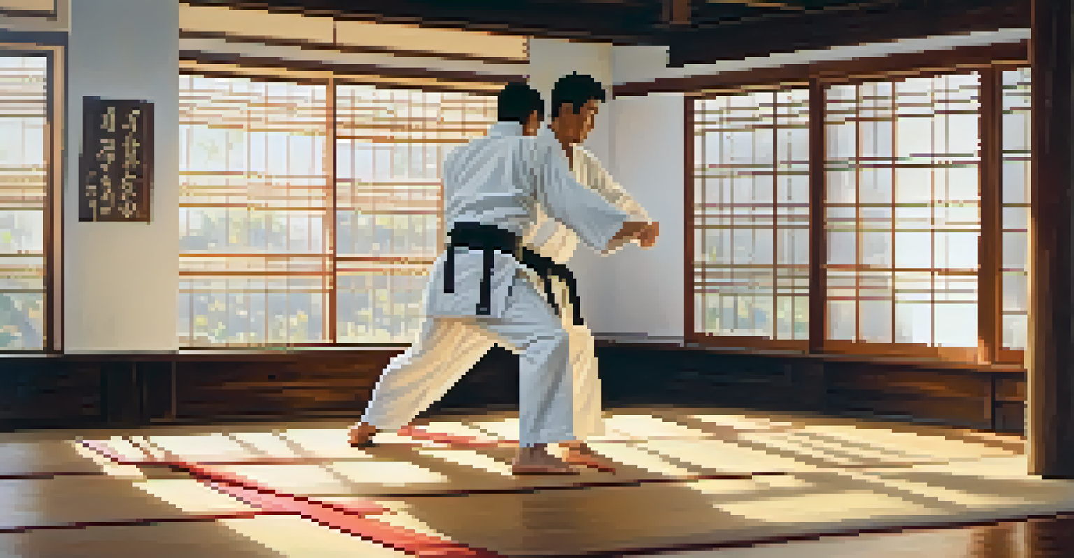 Two martial artists practicing Aikido in a dojo, showcasing their fluid movements and energy, with wooden floors and natural light enhancing the scene.