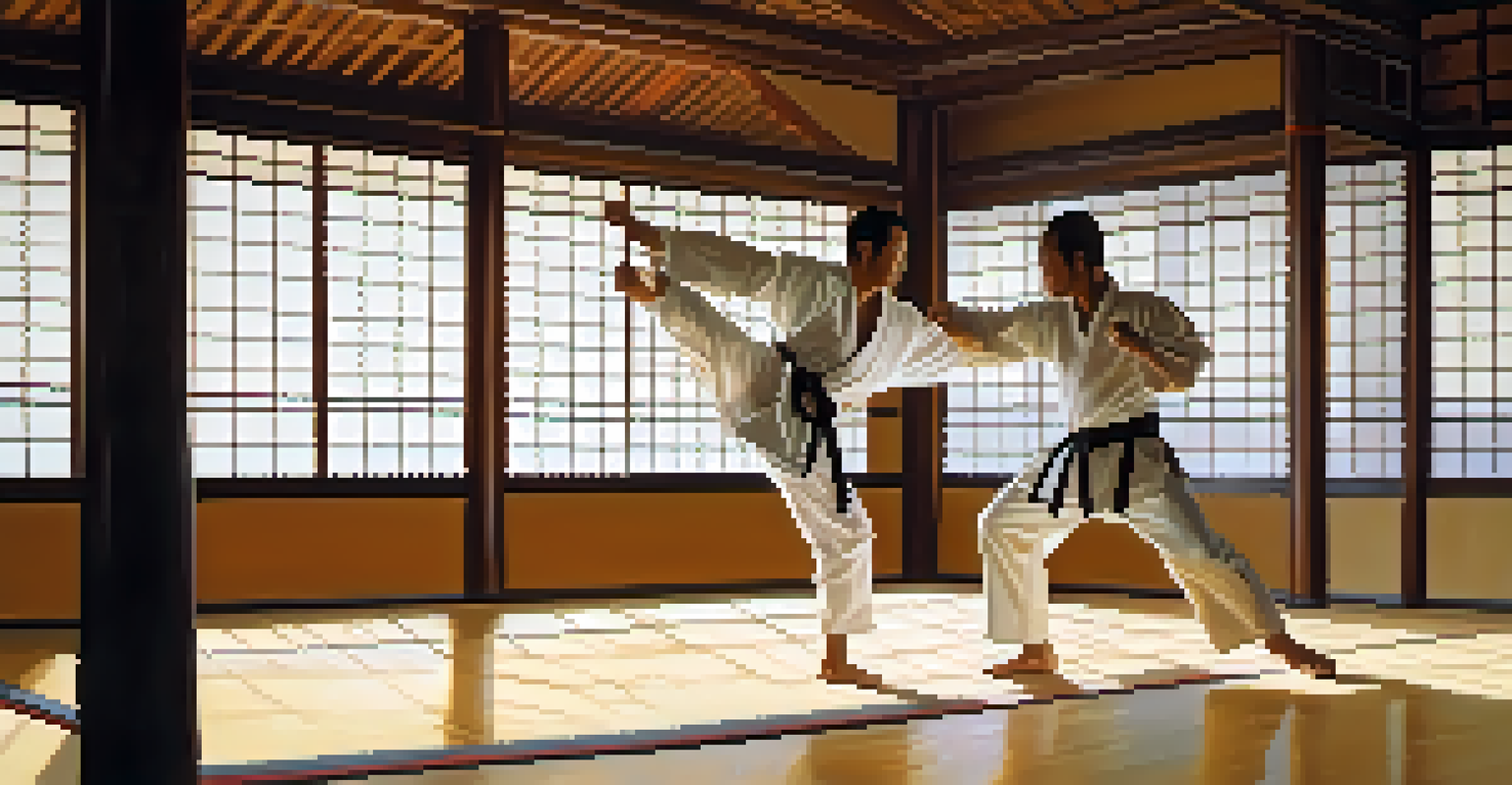 Two martial artists sparring in a traditional dojo, showcasing fluid movements and techniques inspired by Sun Tzu.