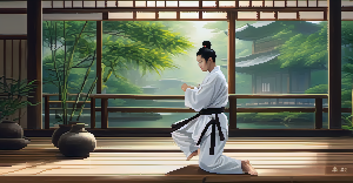 A martial artist in a white gi practicing kata in a serene dojo with wooden floors and ambient lighting.
