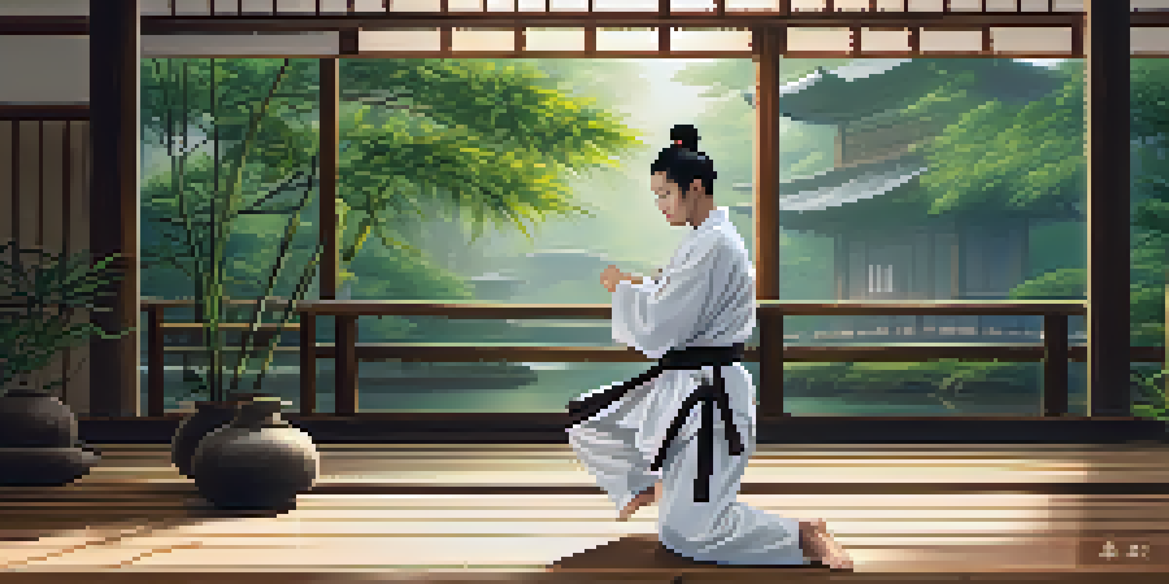 A martial artist in a white gi practicing kata in a serene dojo with wooden floors and ambient lighting.