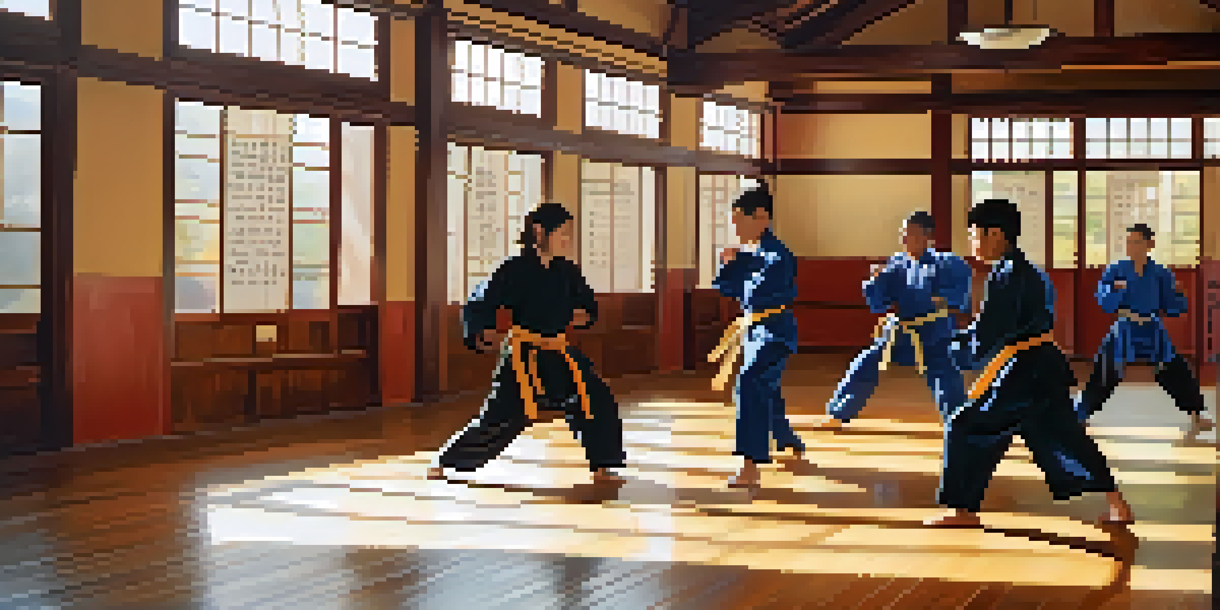 A group of diverse young martial artists sparring in a bright dojo, showcasing their skills and teamwork.