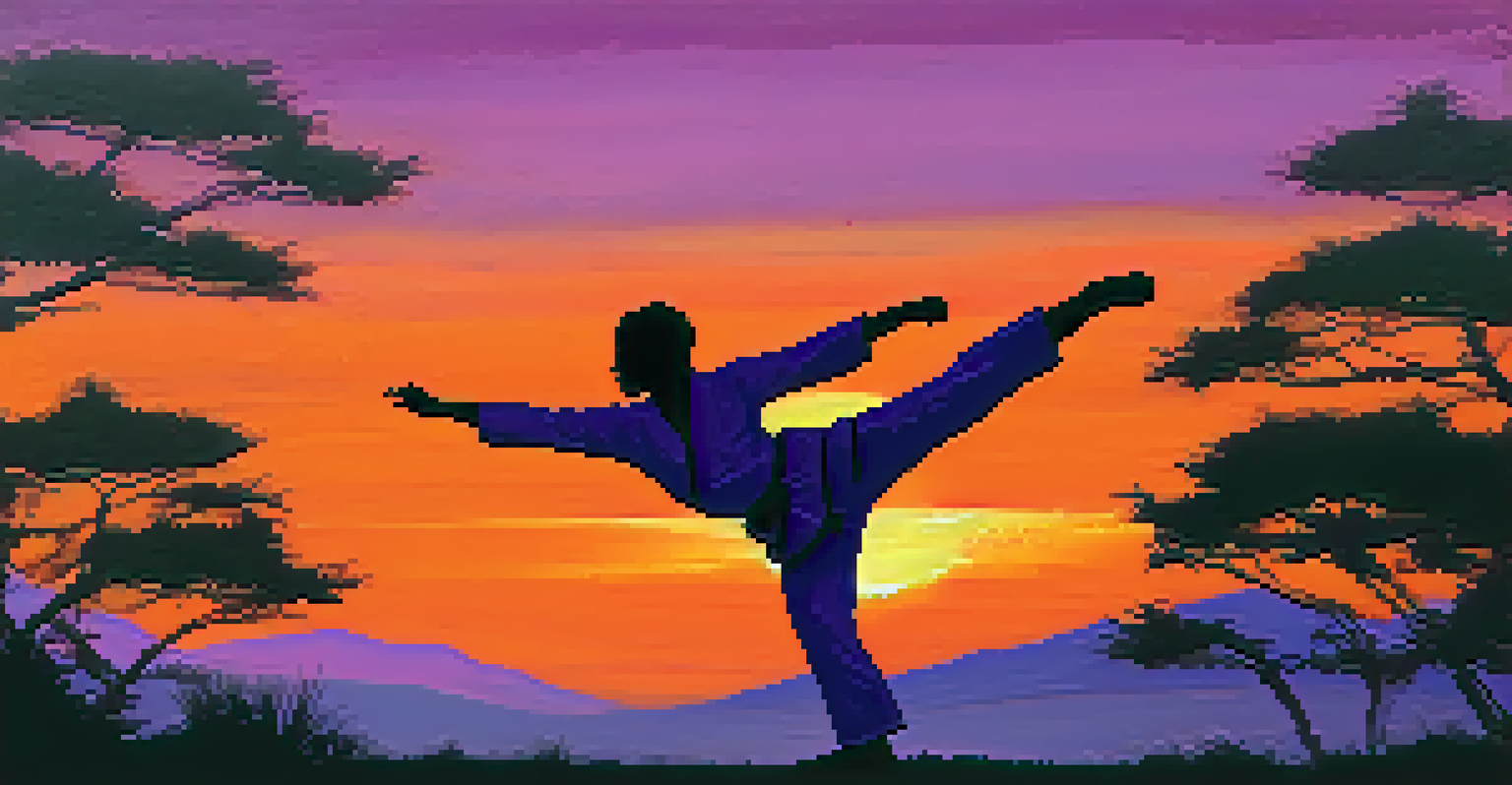 A martial artist performing a high kick at sunset, with a colorful sky in the background.