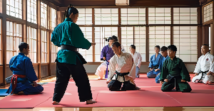 A diverse group of martial arts students, including individuals with disabilities, practicing together in a brightly lit dojo with colorful mats and an encouraging instructor.