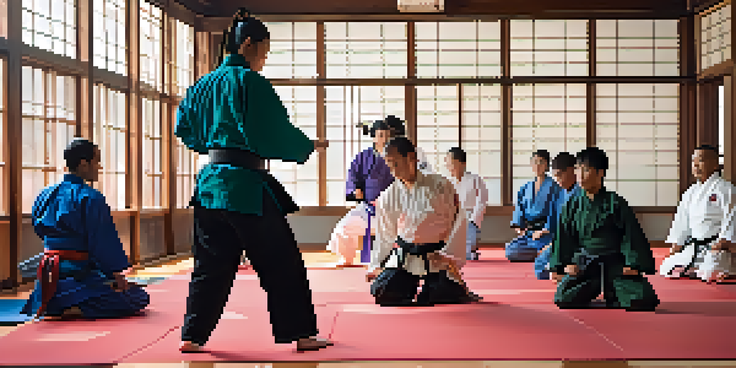 A diverse group of martial arts students, including individuals with disabilities, practicing together in a brightly lit dojo with colorful mats and an encouraging instructor.
