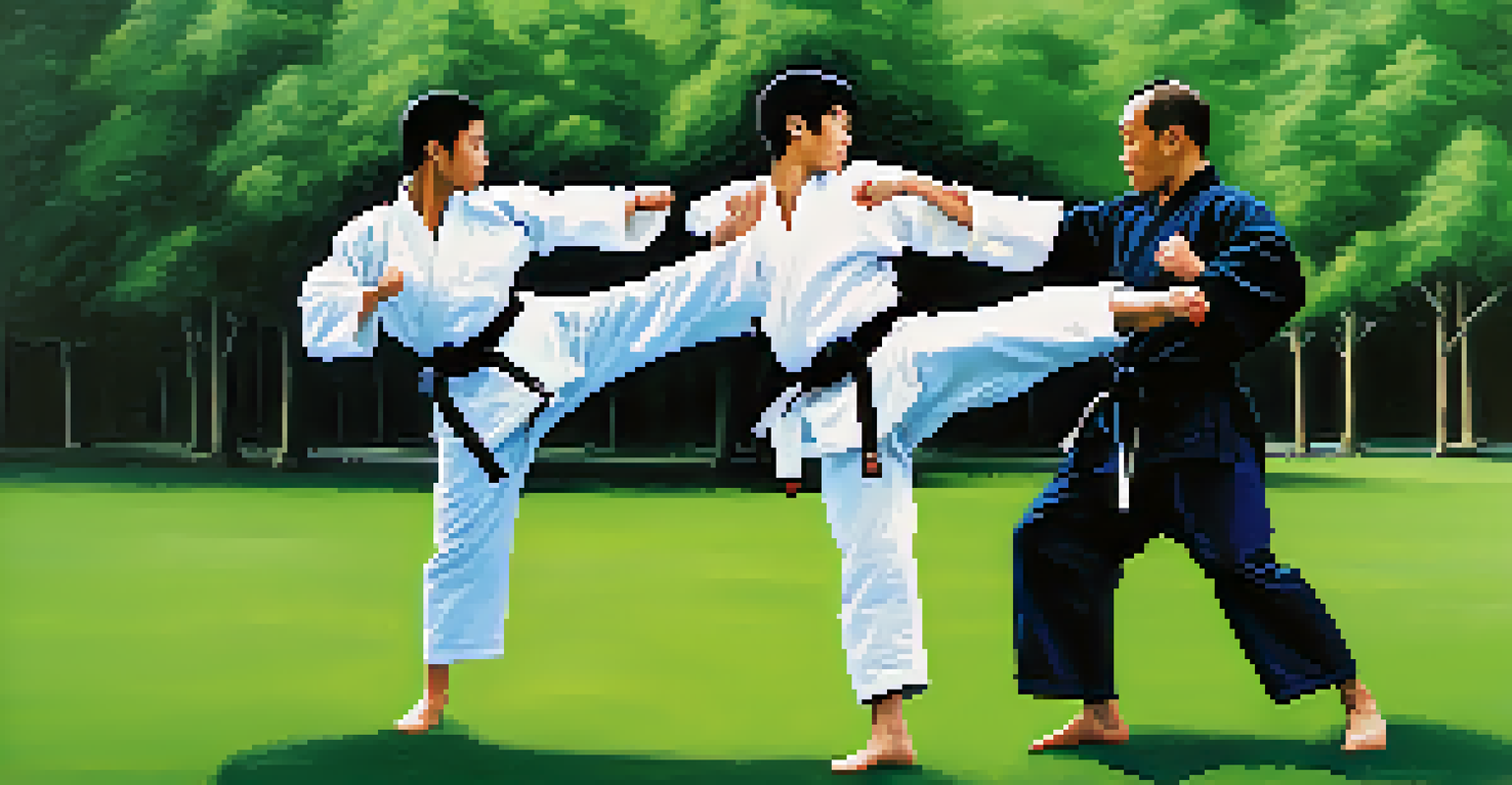 Two martial artists sparring outdoors, showcasing breath control techniques with a vibrant park setting in the background.
