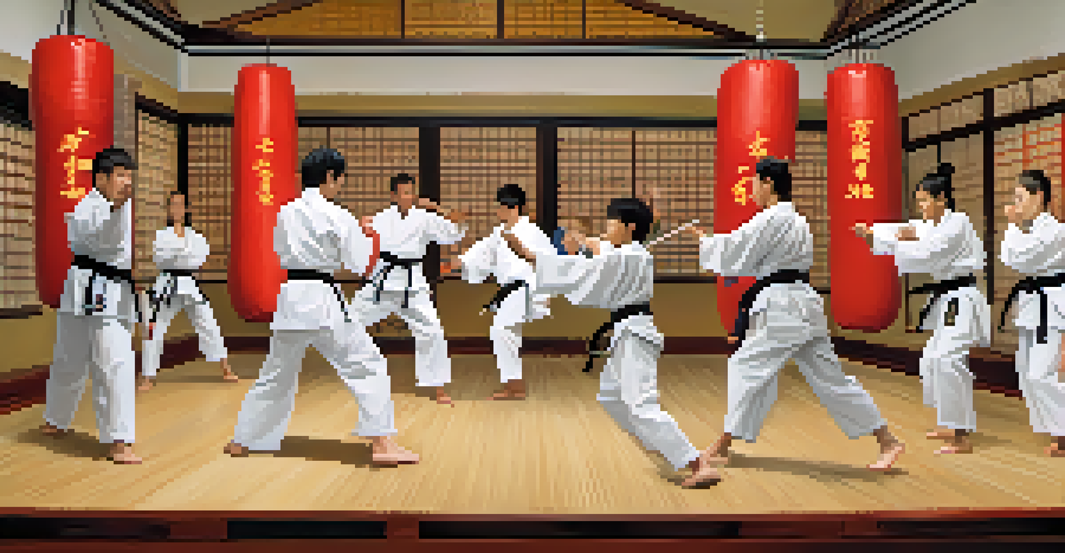 A diverse group of martial arts students training together in a dojo, showcasing techniques and teamwork.