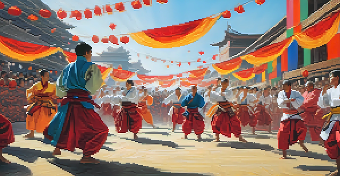 A lively martial arts festival with practitioners in traditional attire, colorful banners, and spectators enjoying the event in bright sunlight.