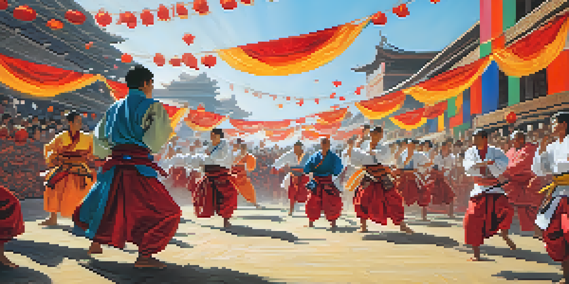 A lively martial arts festival with practitioners in traditional attire, colorful banners, and spectators enjoying the event in bright sunlight.