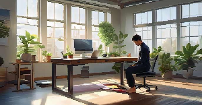 A professional in an office practicing deep breathing techniques while seated on a yoga mat, surrounded by plants and natural light.