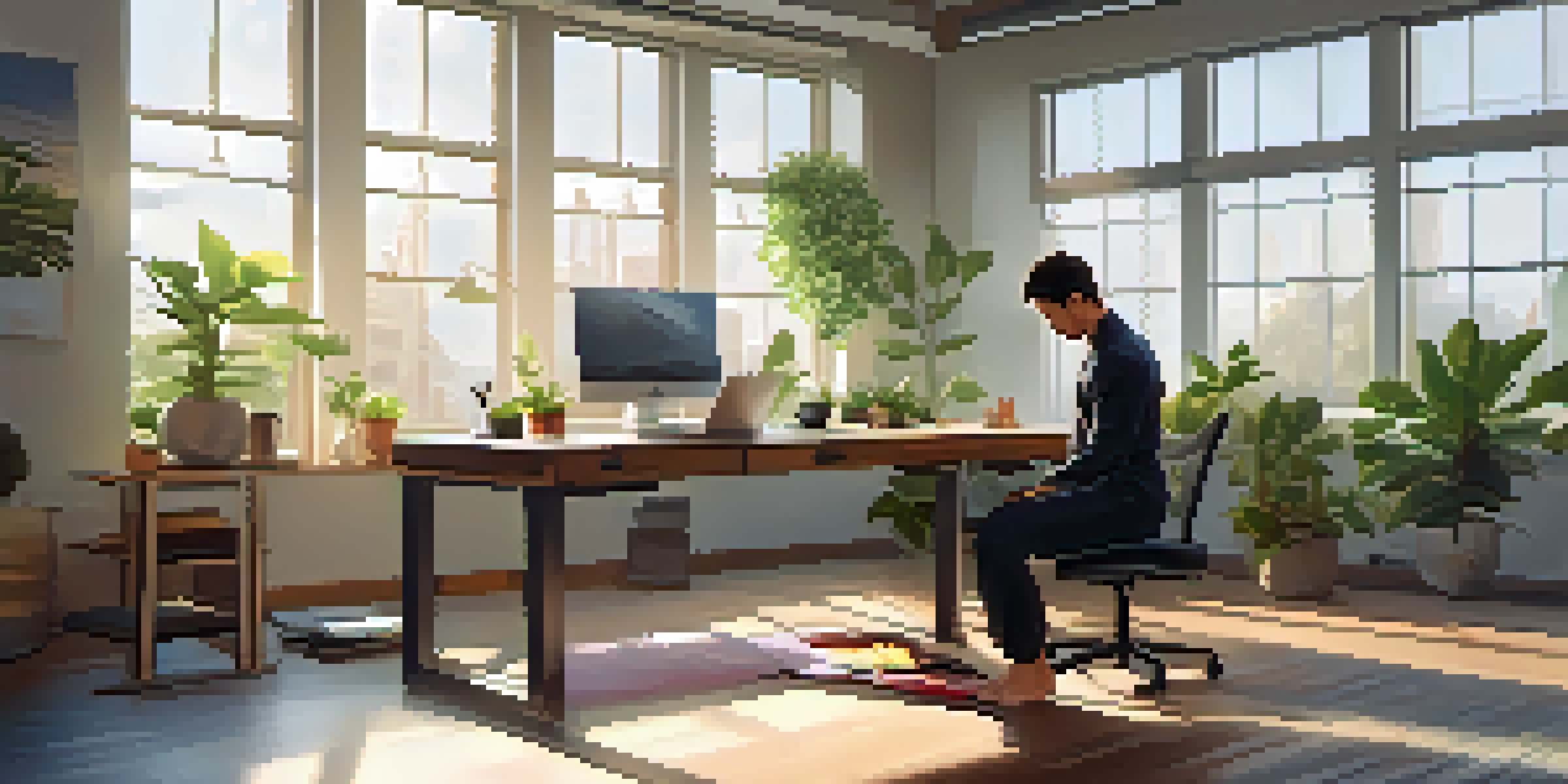 A professional in an office practicing deep breathing techniques while seated on a yoga mat, surrounded by plants and natural light.