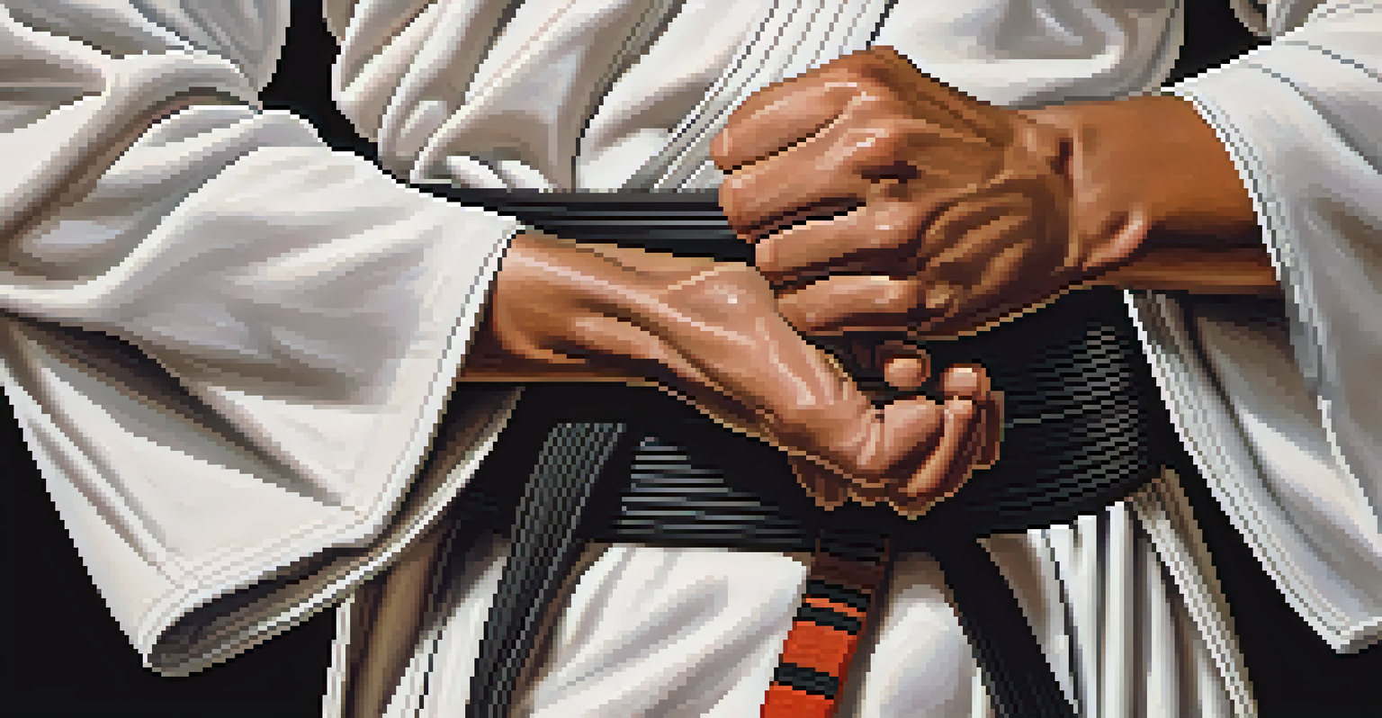 A close-up of a martial artist's hands holding a colored martial arts belt, emphasizing discipline and commitment.