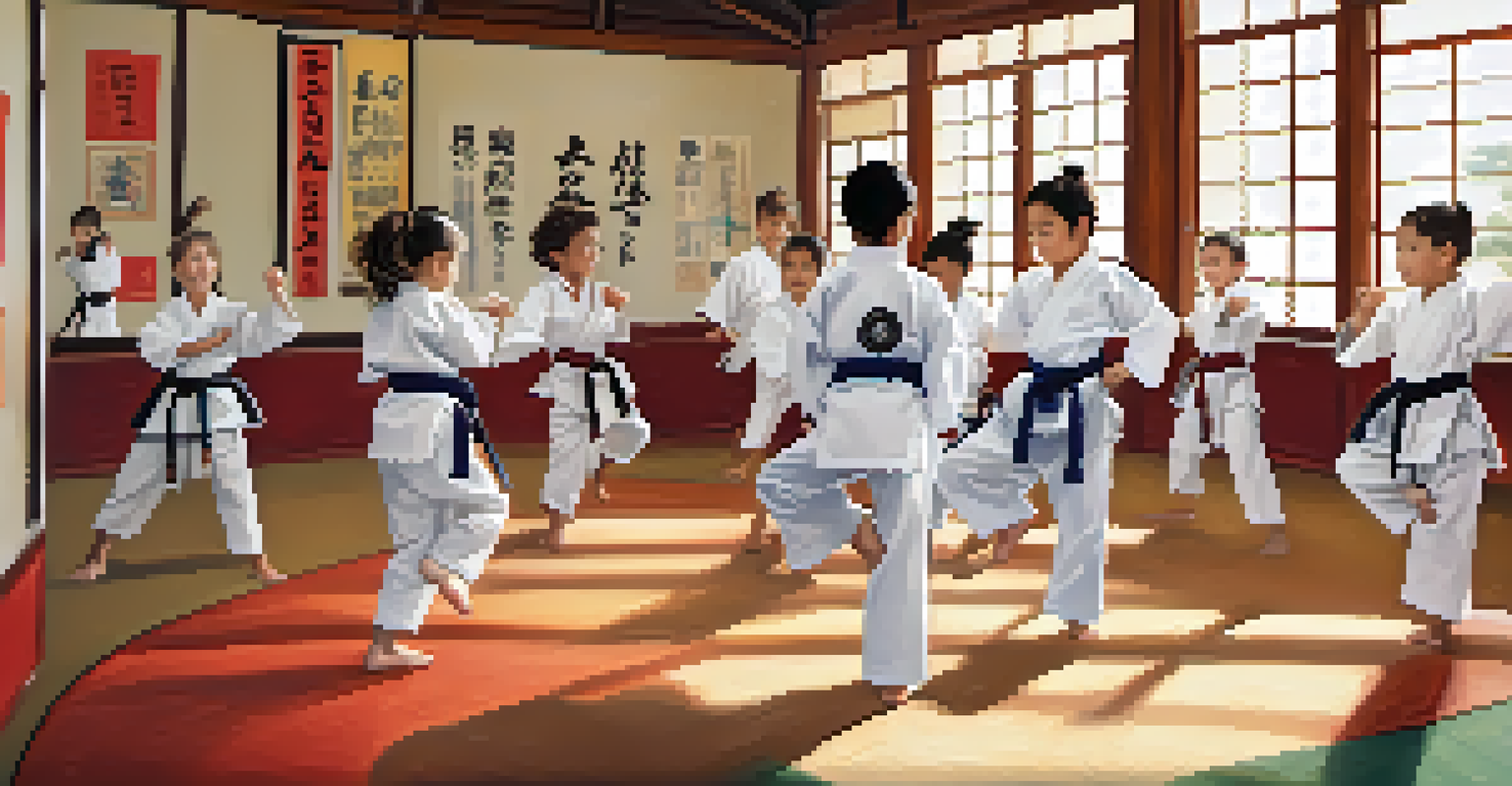 A diverse group of children practicing martial arts together in a dojo, showcasing teamwork and friendly interactions.