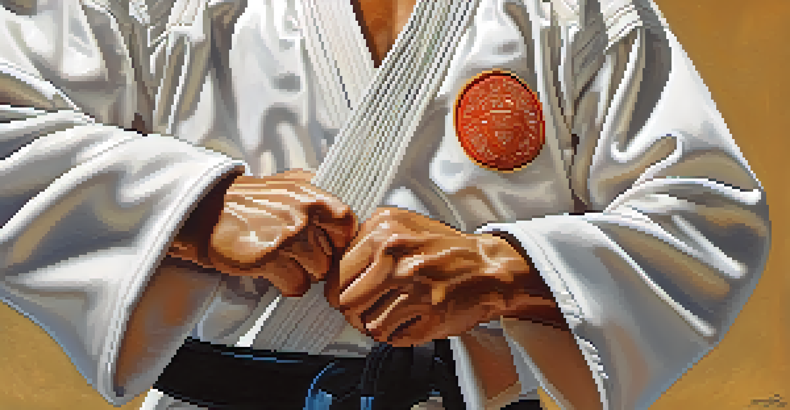 A close-up of a martial artist's gloved hands gripping a training weapon, highlighting focus and discipline.