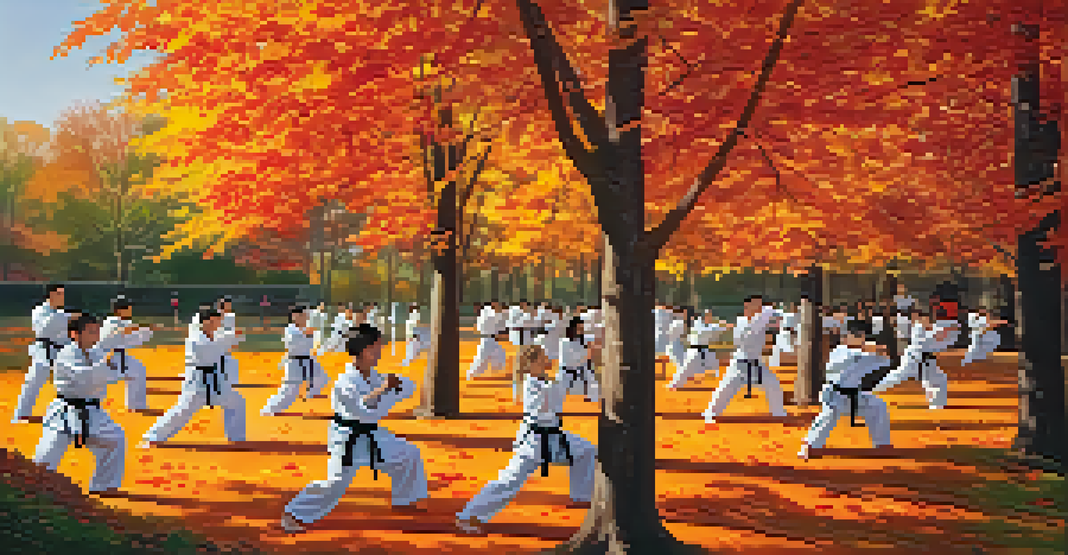 An outdoor martial arts class in a park during autumn, with participants practicing techniques among colorful fall leaves.