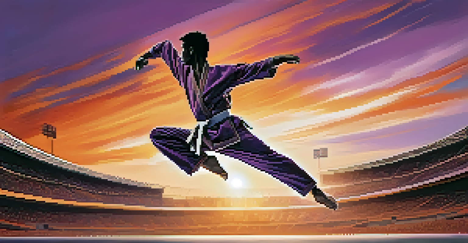 A taekwondo athlete performing a high kick against a sunset backdrop, with a stadium filled with cheering spectators in the foreground.