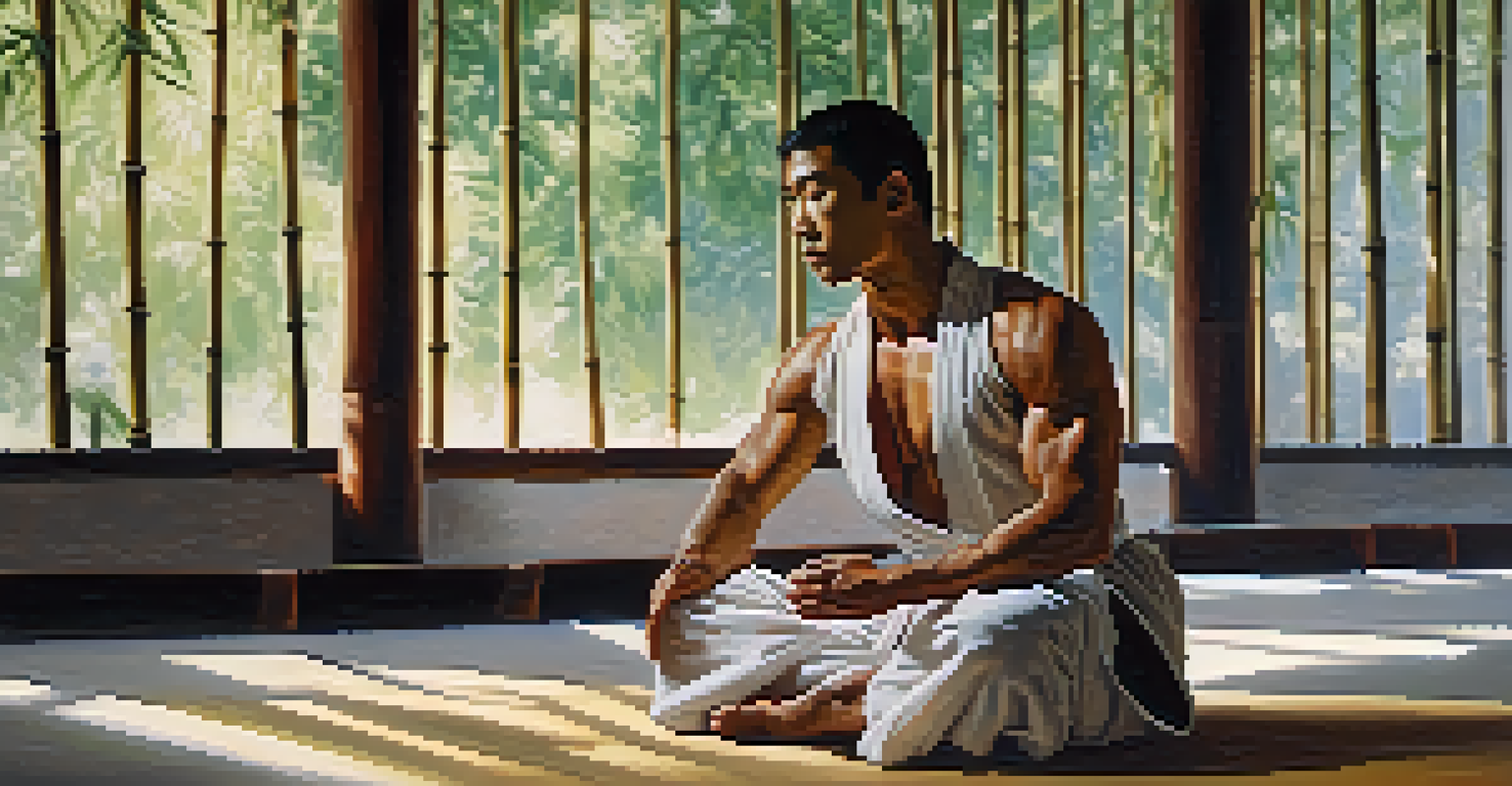 A martial artist practicing deep-breathing techniques in a serene environment.