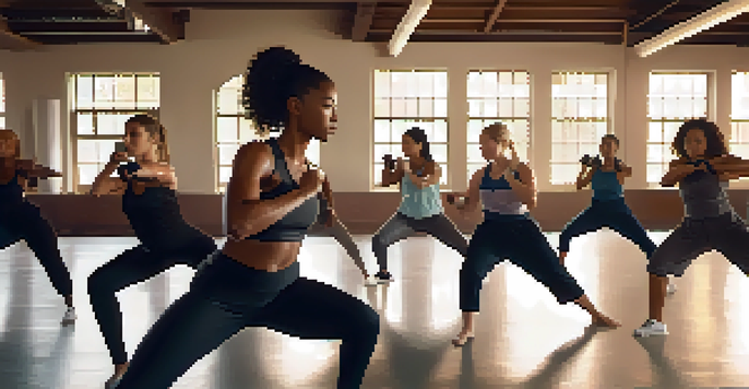 A diverse group of women practicing self-defense techniques in a gym, showcasing determination and focus.
