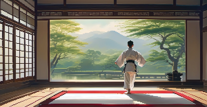 A martial artist practicing kata in a peaceful dojo with soft morning light and a garden view.
