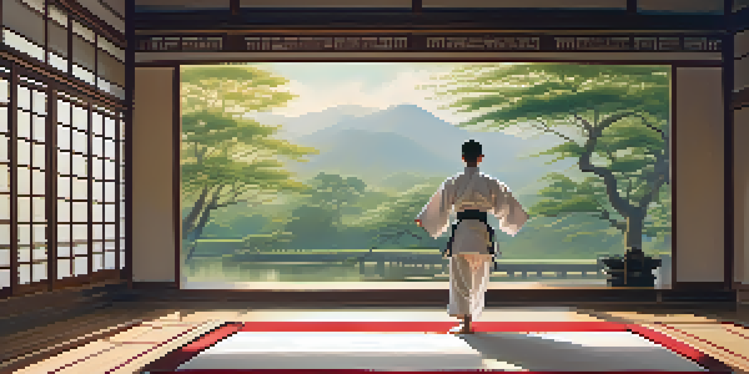 A martial artist practicing kata in a peaceful dojo with soft morning light and a garden view.