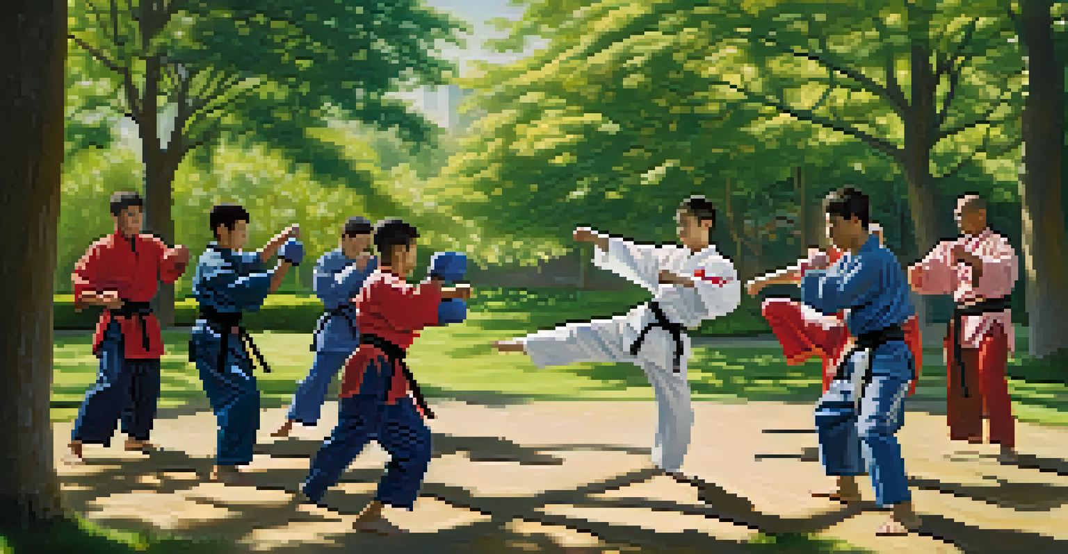 Diverse martial arts practitioners sparring outdoors in a park, with sunlight filtering through trees, highlighting their vibrant uniforms and various styles.