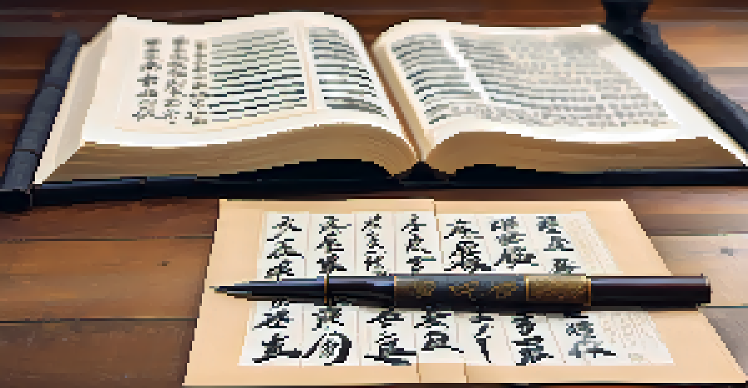 Close-up of an ancient martial arts manuscript showing calligraphy and illustrations, with an ink brush and inkstone on a wooden table.