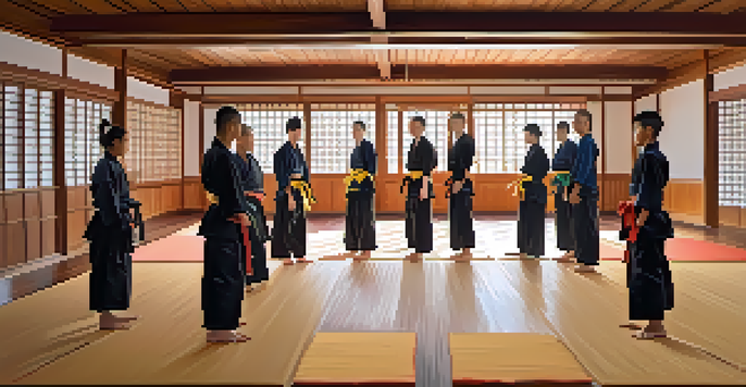 A diverse group of transgender athletes in a martial arts dojo practicing techniques, illuminated by natural light.