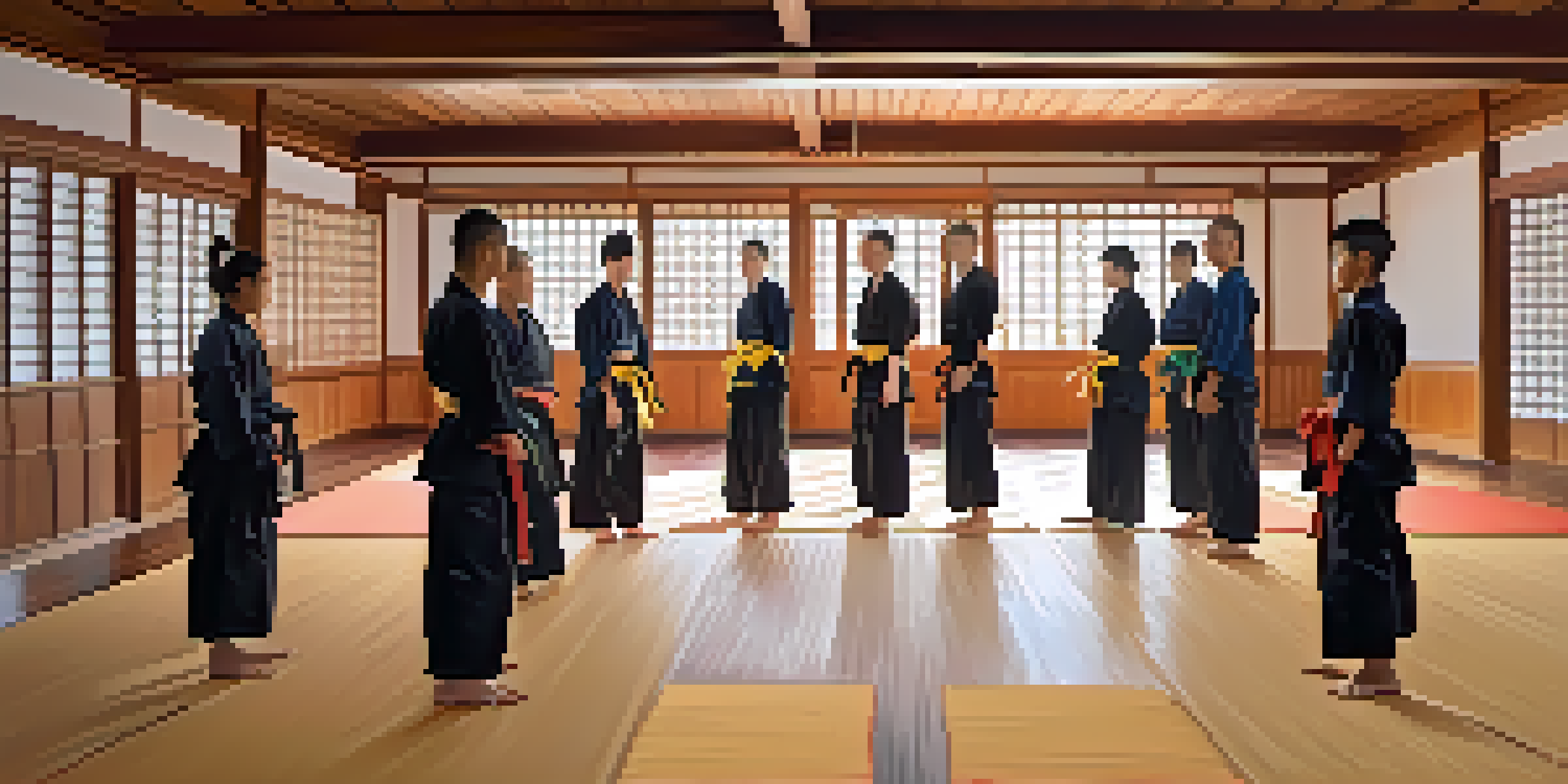 A diverse group of transgender athletes in a martial arts dojo practicing techniques, illuminated by natural light.