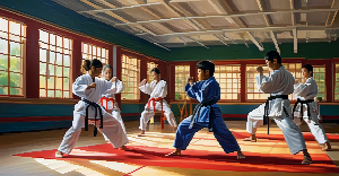 A lively martial arts camp scene with diverse participants training together, showcasing camaraderie and support in a bright dojo.