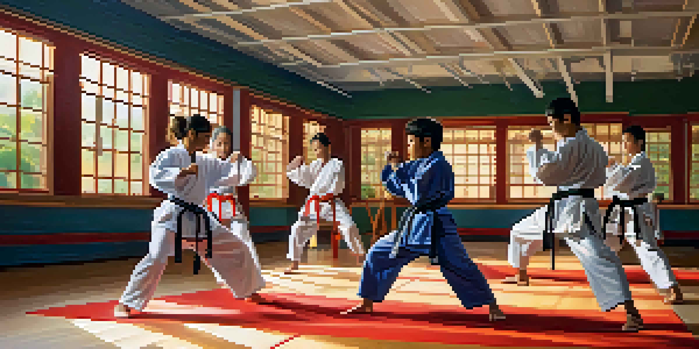 A lively martial arts camp scene with diverse participants training together, showcasing camaraderie and support in a bright dojo.