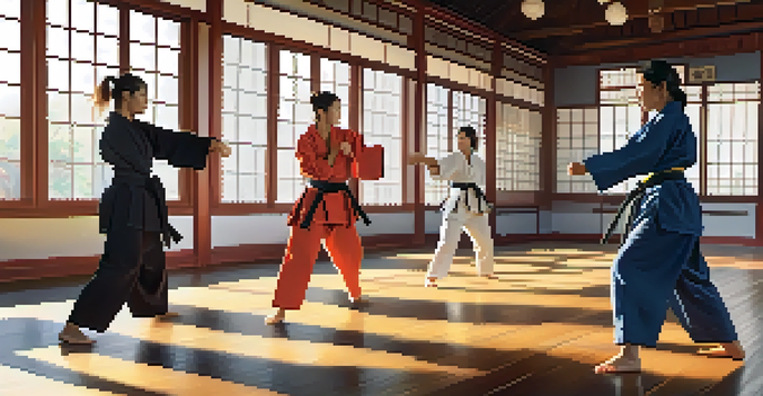 A bright dojo filled with women of various backgrounds practicing martial arts, wearing colorful uniforms and belts, with sunlight filtering through the windows.