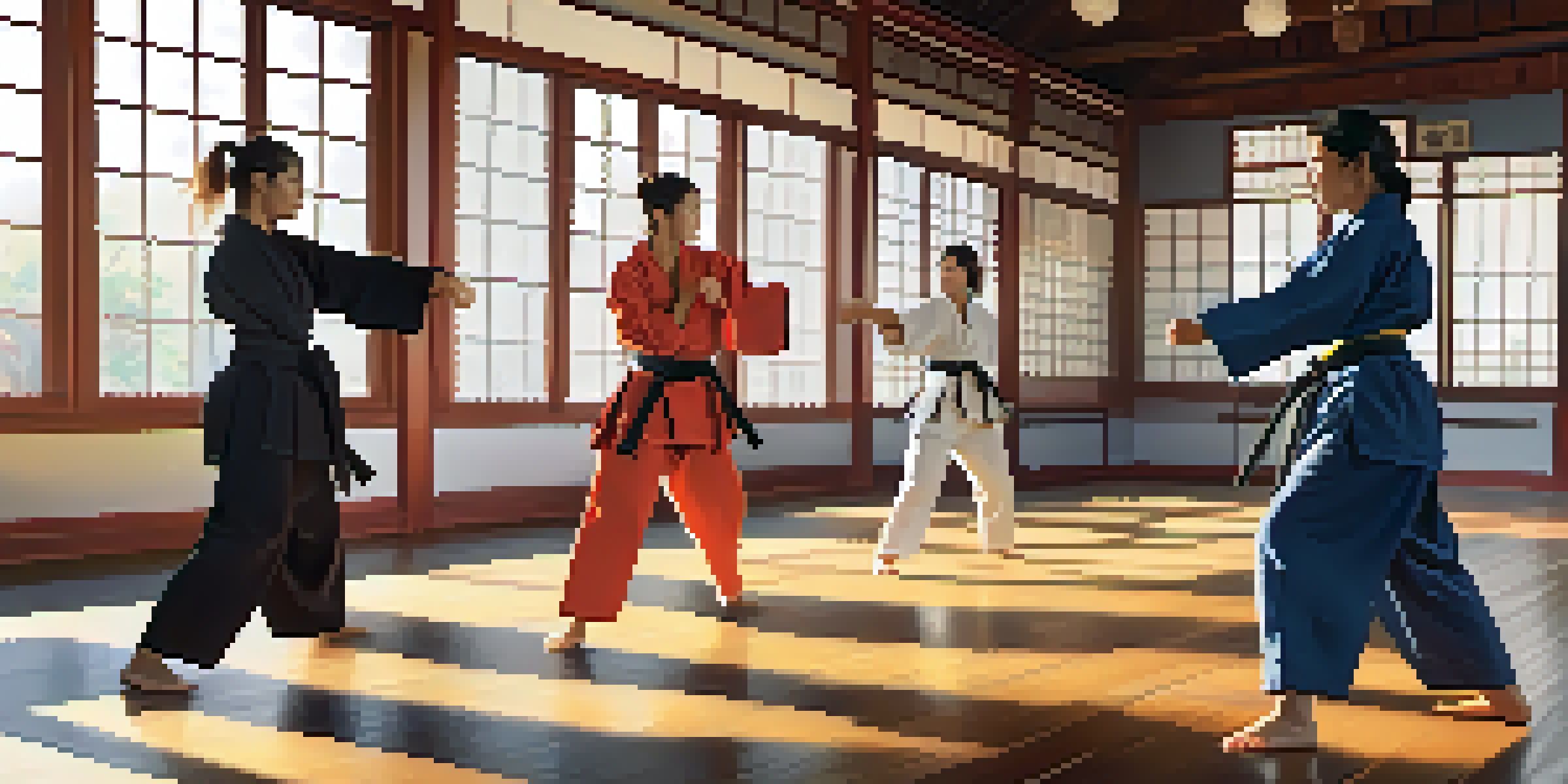 A bright dojo filled with women of various backgrounds practicing martial arts, wearing colorful uniforms and belts, with sunlight filtering through the windows.