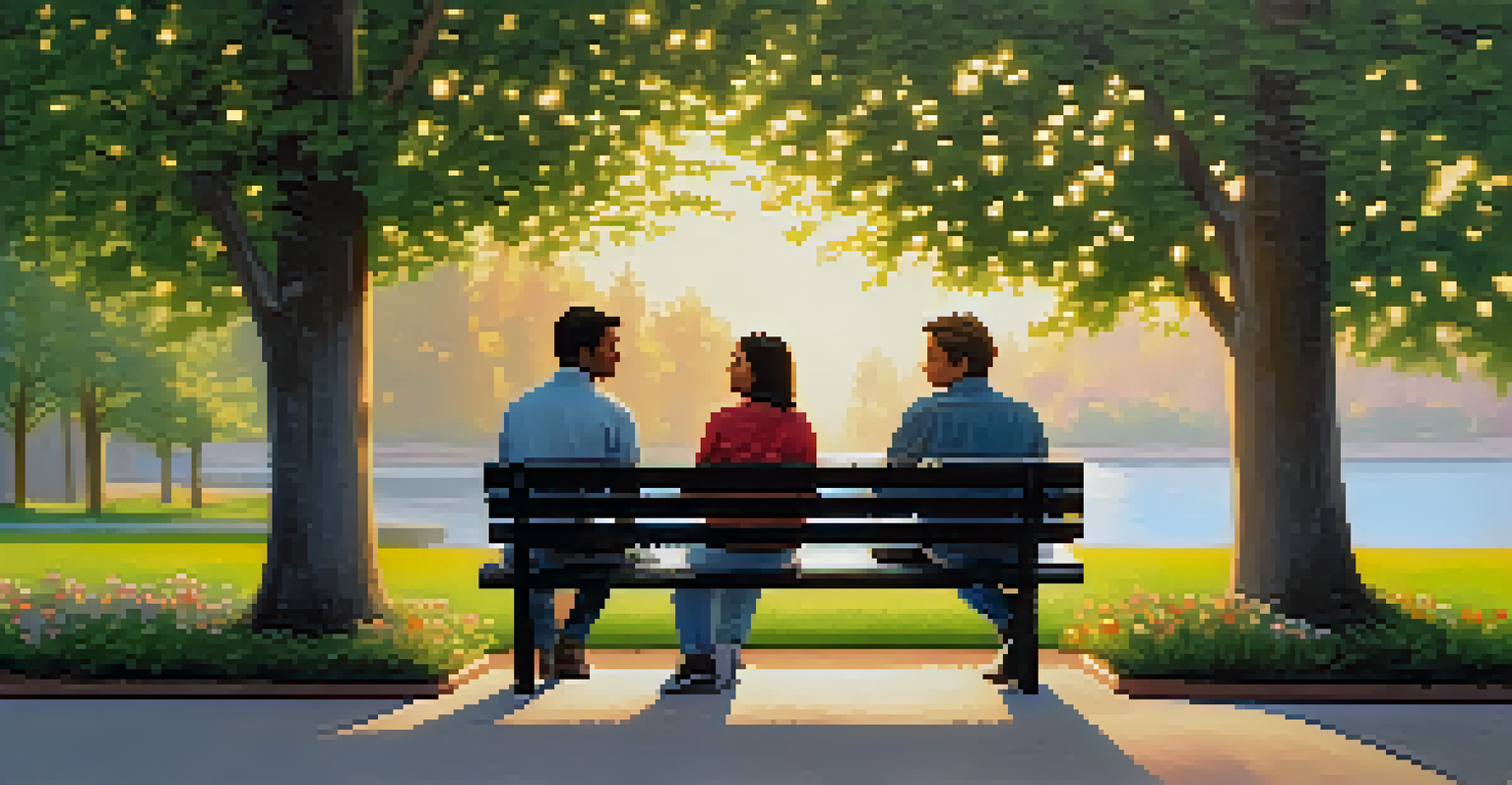 Two friends engaged in a calm discussion on a park bench during sunset.