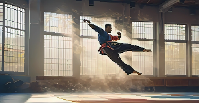 A martial artist performing a high kick in a well-lit gym, surrounded by training equipment and motivational quotes on the walls.