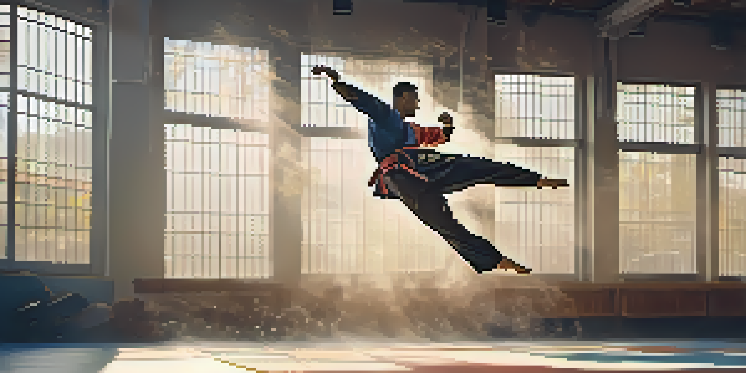 A martial artist performing a high kick in a well-lit gym, surrounded by training equipment and motivational quotes on the walls.