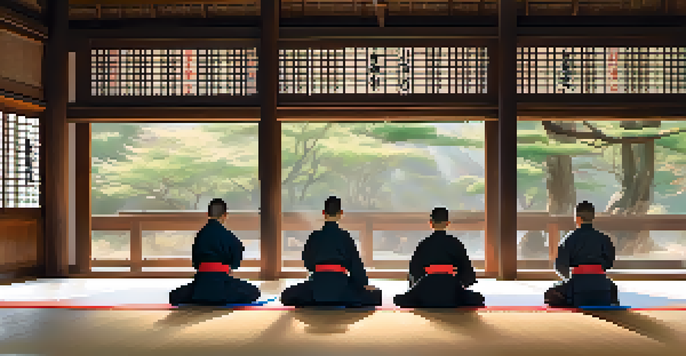 A dojo filled with martial arts practitioners in uniforms, practicing techniques with focus and discipline, illuminated by soft natural light.