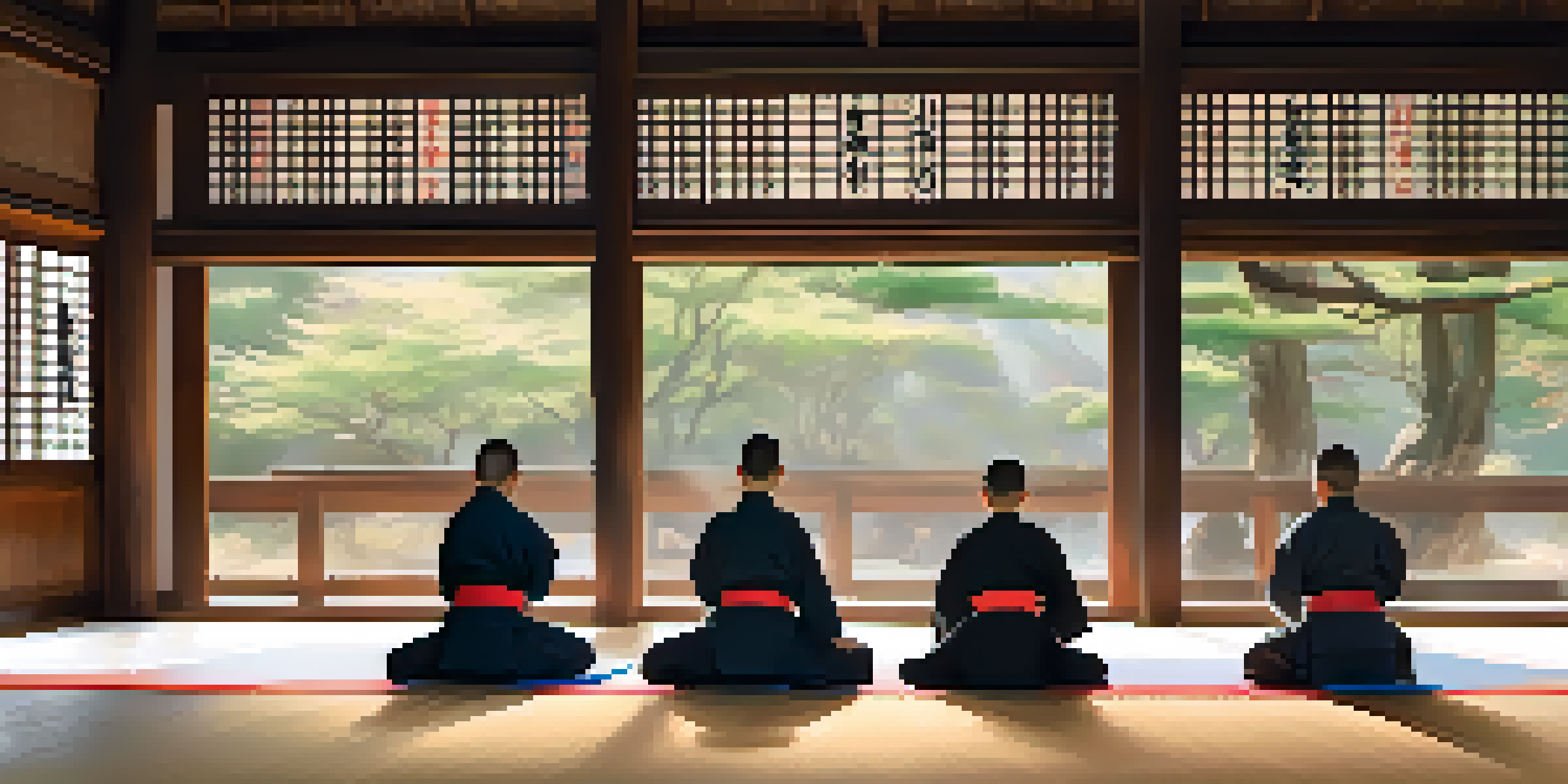 A dojo filled with martial arts practitioners in uniforms, practicing techniques with focus and discipline, illuminated by soft natural light.