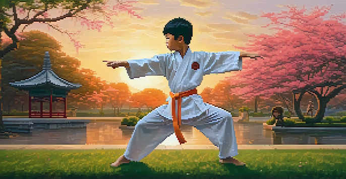 A child practicing Kung Fu in a park during sunset, surrounded by trees and flowers, showcasing determination and grace.