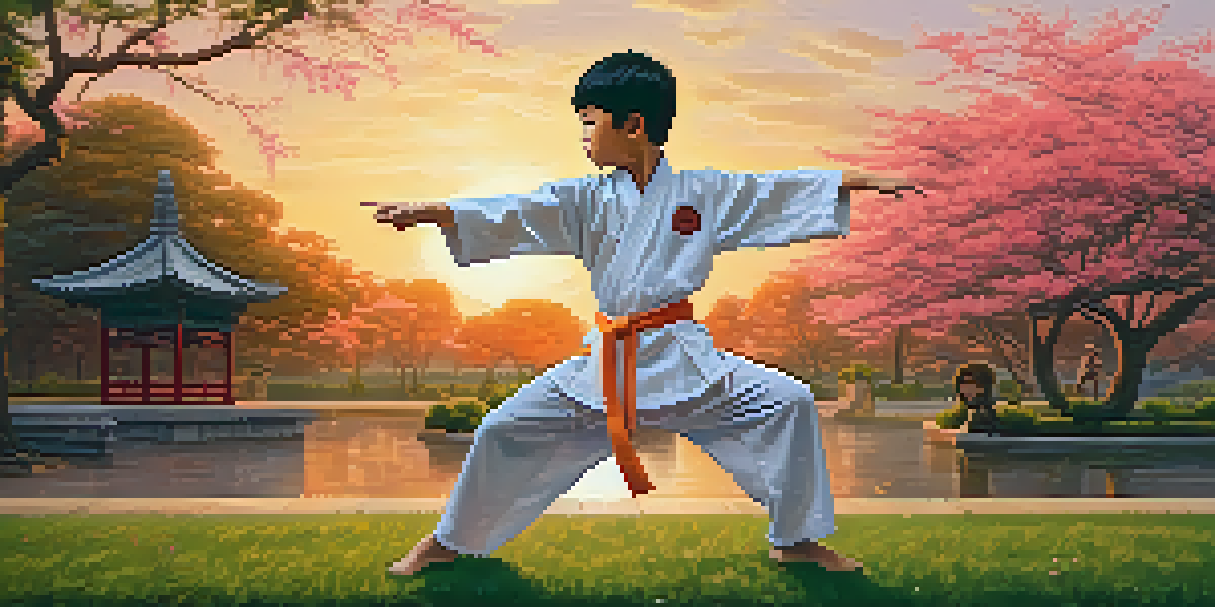 A child practicing Kung Fu in a park during sunset, surrounded by trees and flowers, showcasing determination and grace.