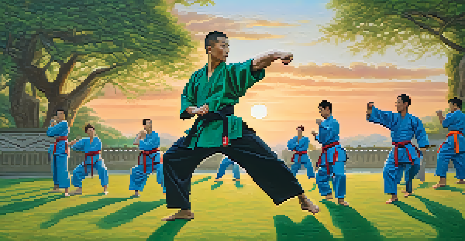 A martial artist performing a high kick in a park during sunset, with spectators watching nearby.