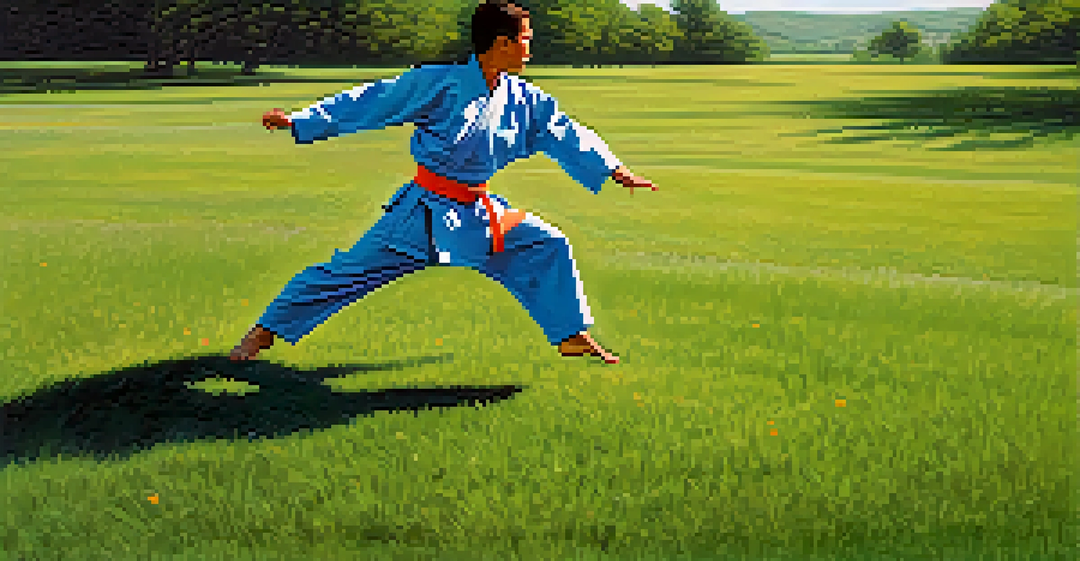 A martial artist performing agility drills on a grassy field under a clear sky.
