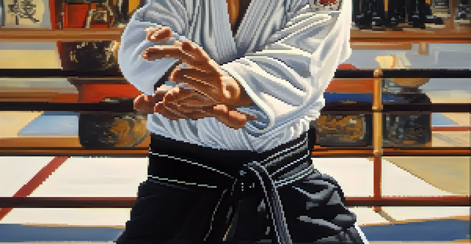 A close-up of a martial artist's hands gripping a black belt, with a blurred dojo backdrop and sunlight streaming through the windows.