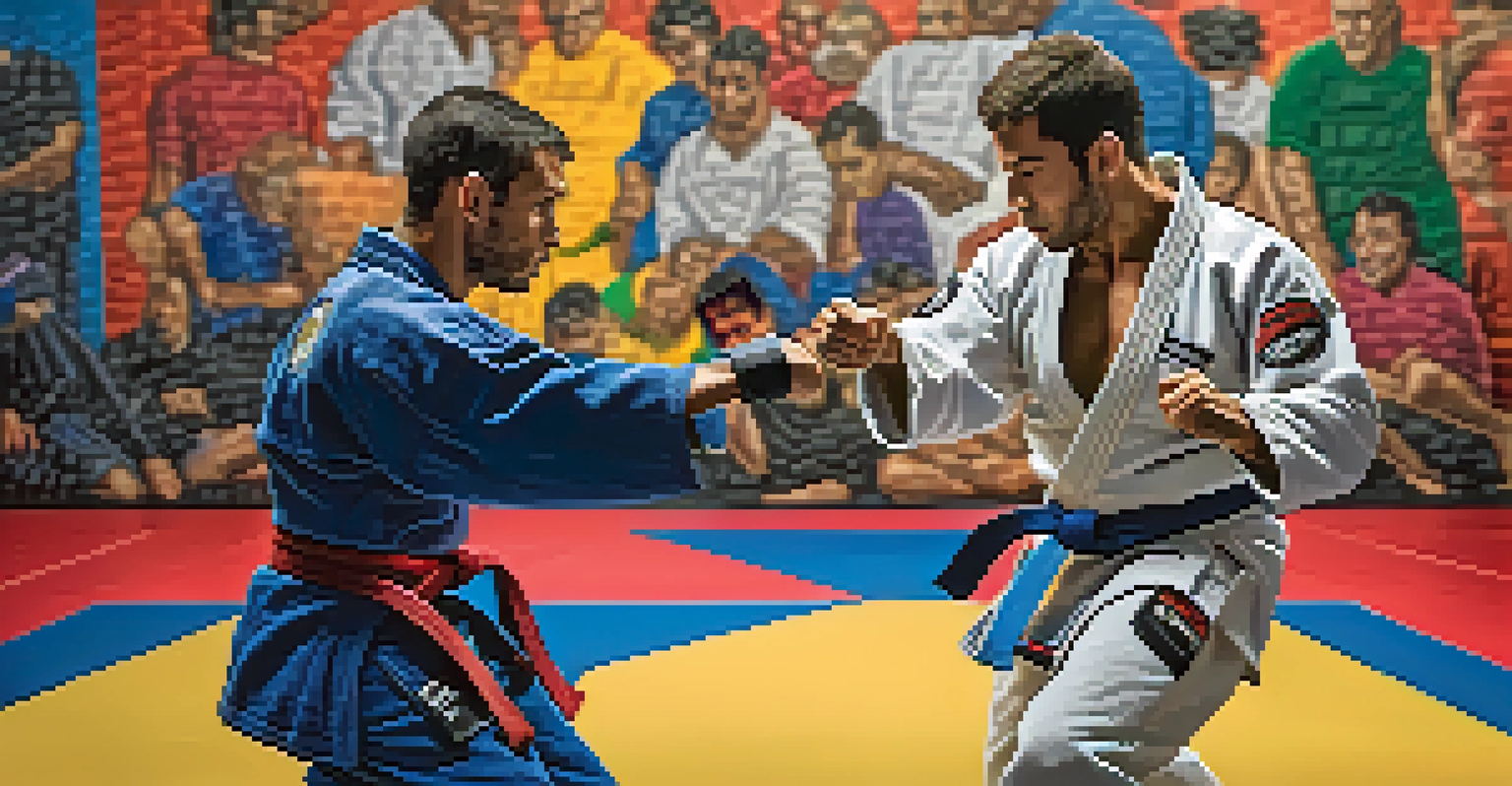 Two Brazilian Jiu-Jitsu practitioners sparring in a gym, showcasing their focus and movements.