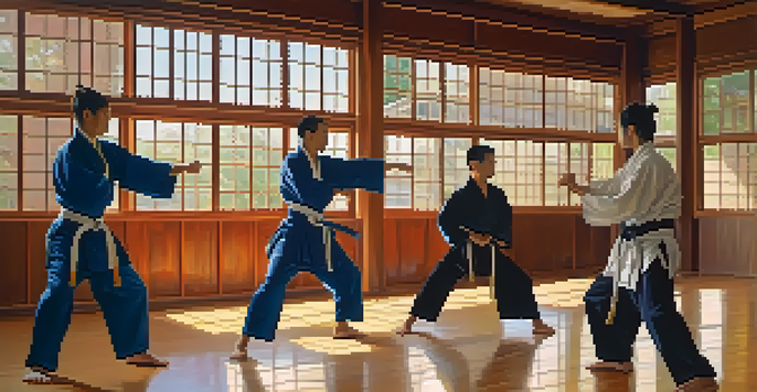 A group of martial artists in colorful uniforms practicing synchronized forms in a dojo with natural light.