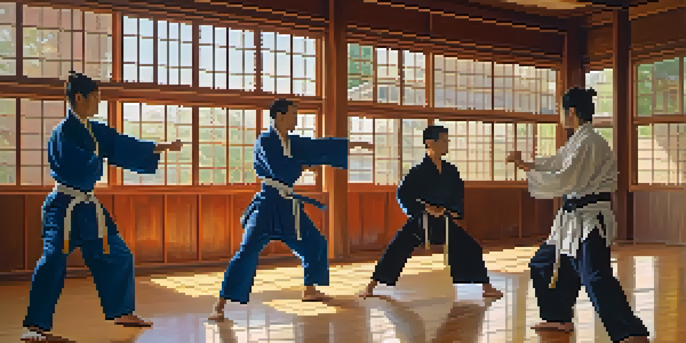 A group of martial artists in colorful uniforms practicing synchronized forms in a dojo with natural light.