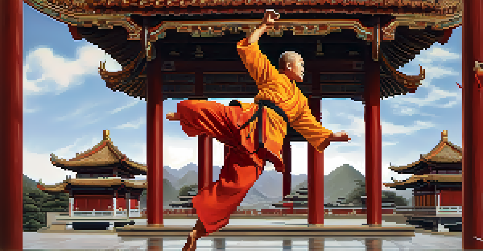 A Shaolin Kung Fu monk performing a high kick in front of the ancient Shaolin Temple, with mountains in the background.