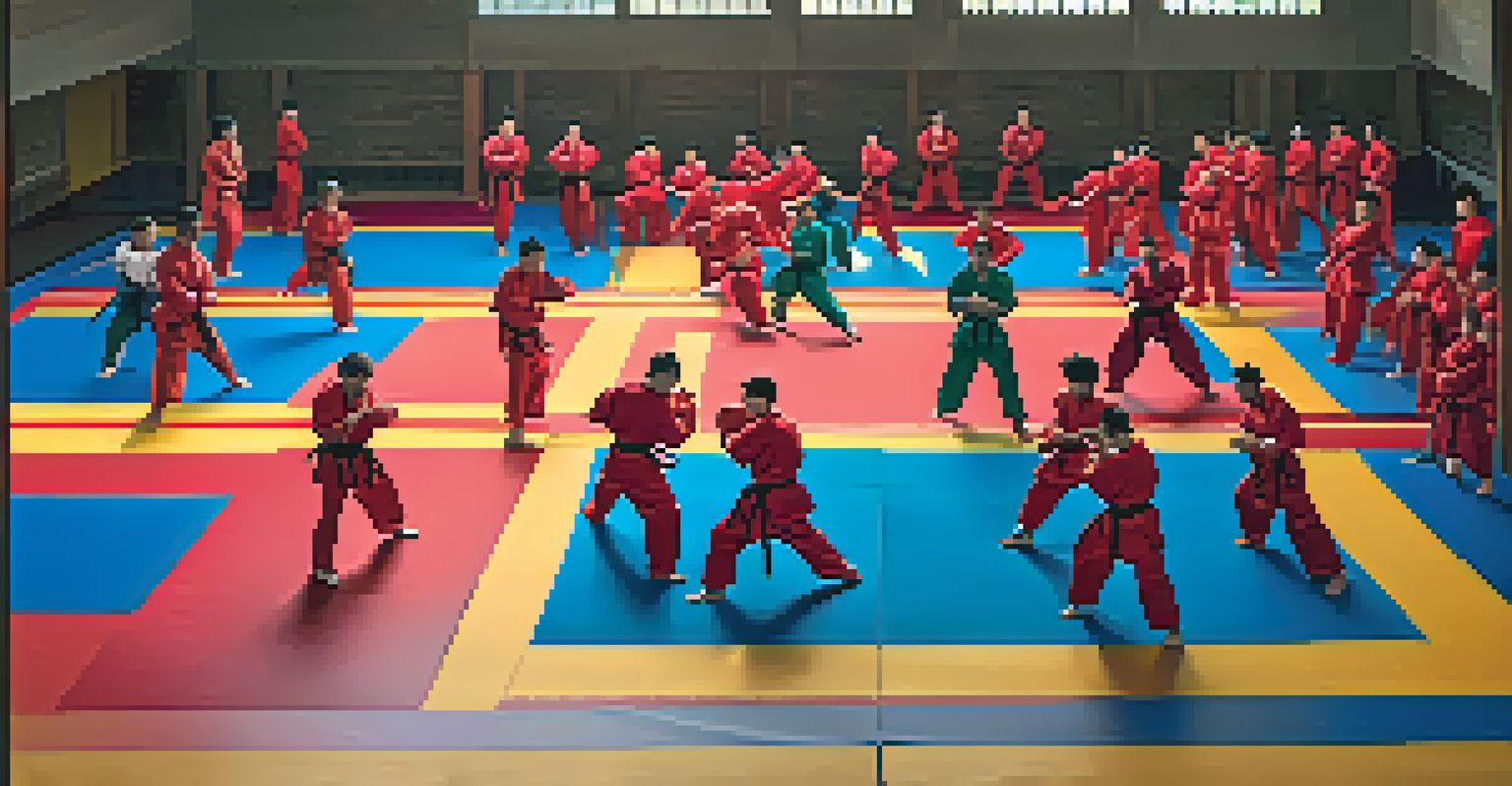 A diverse group of martial artists sparring on a mat in a bright training hall, showcasing action and vibrant uniforms.