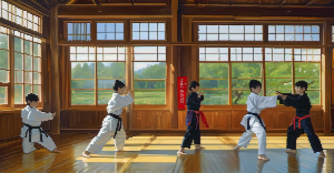 A dojo with students practicing martial arts in eco-friendly uniforms, and a corner displaying gently used training gear for exchange.